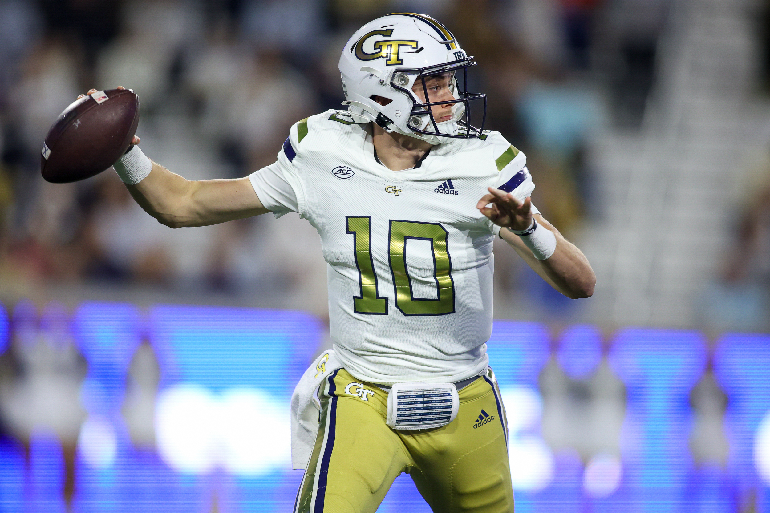 Nov 18, 2023; Atlanta, Georgia, USA; Georgia Tech Yellow Jackets quarterback Haynes King (10) throws a pass against the Syracuse Orange in the first half at Bobby Dodd Stadium at Hyundai Field.