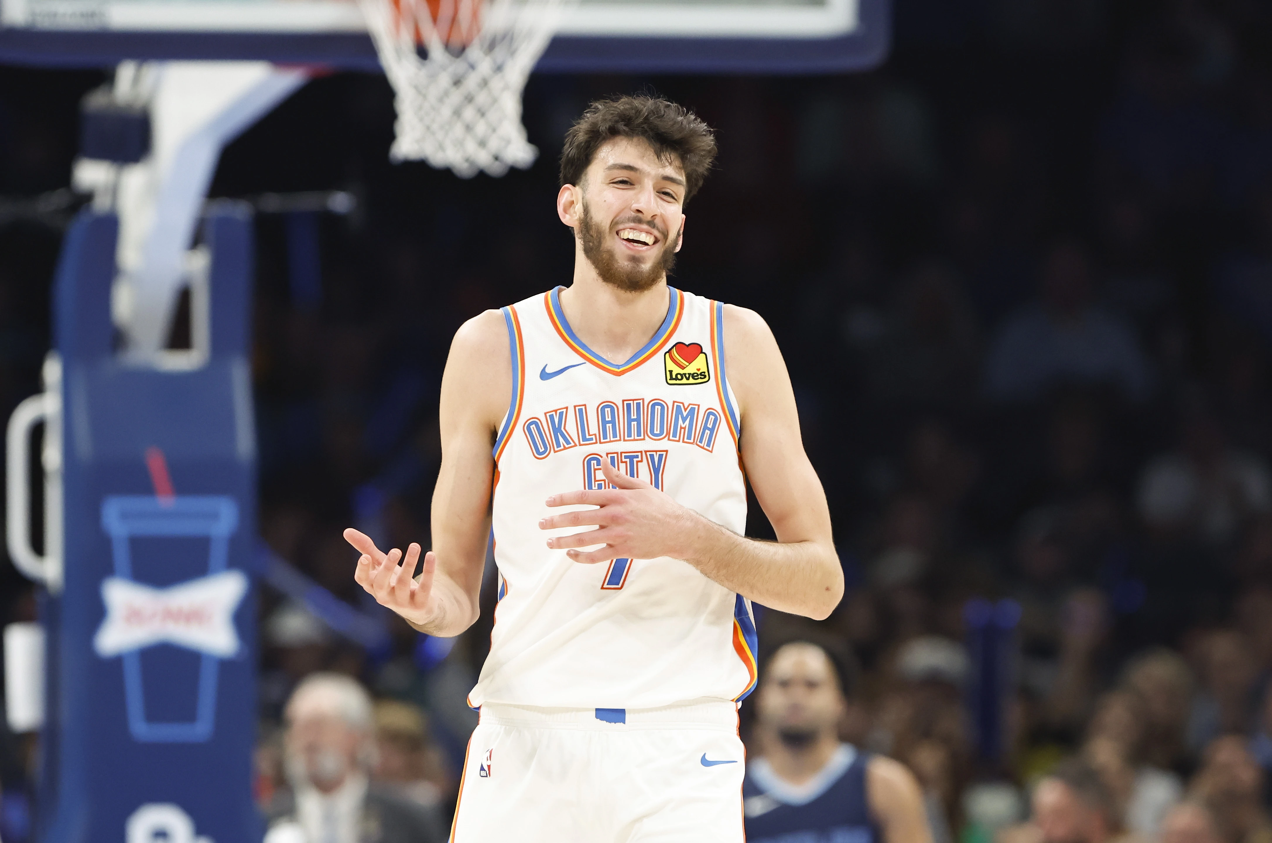 Oklahoma City Thunder forward Chet Holmgren (7) smiles after a play against the Memphis Grizzlies during the second half at Paycom Center.