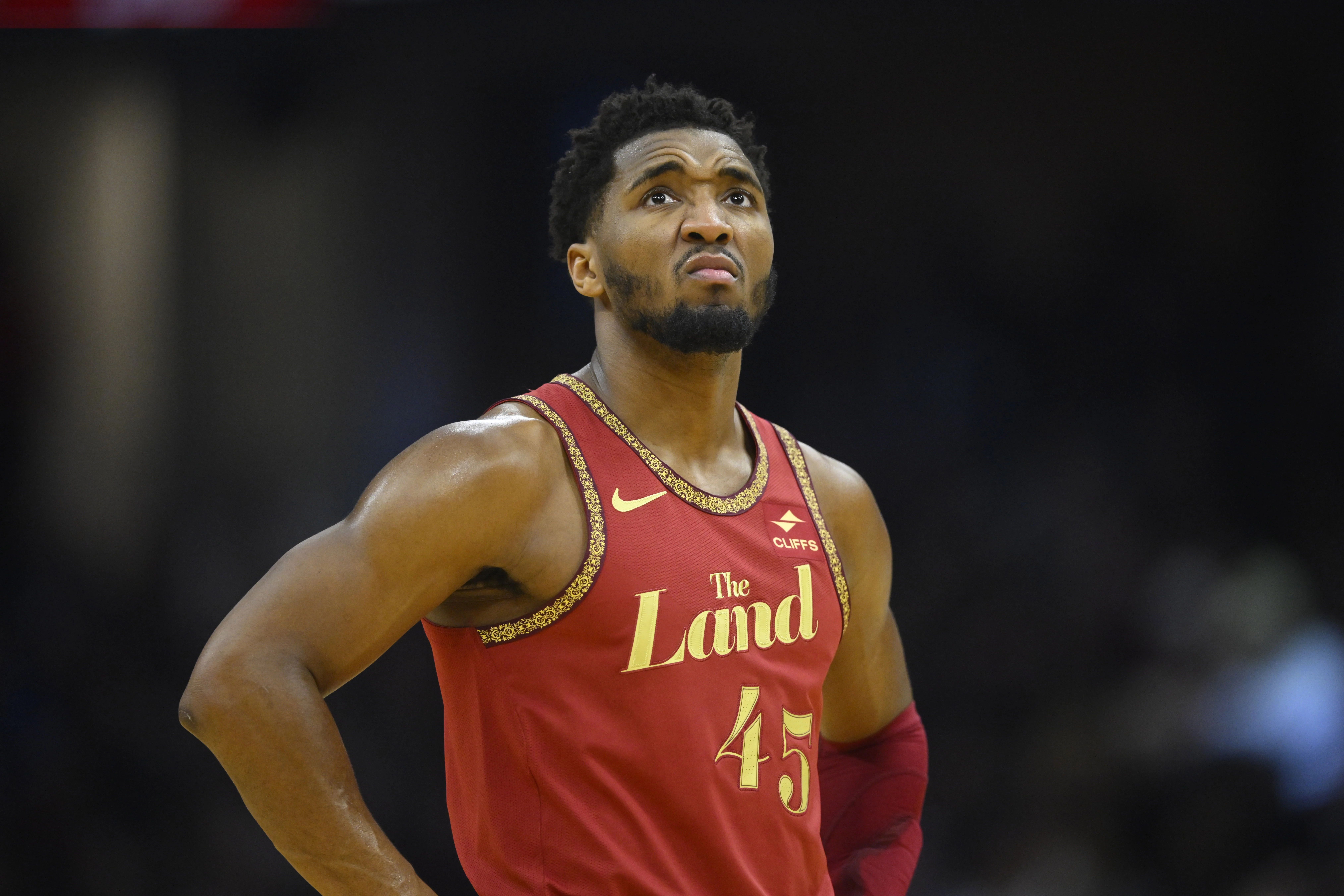 Cleveland Cavaliers guard Donovan Mitchell (45) stands on the court in the second quarter against the Washington Wizards at Rocket Mortgage FieldHouse.