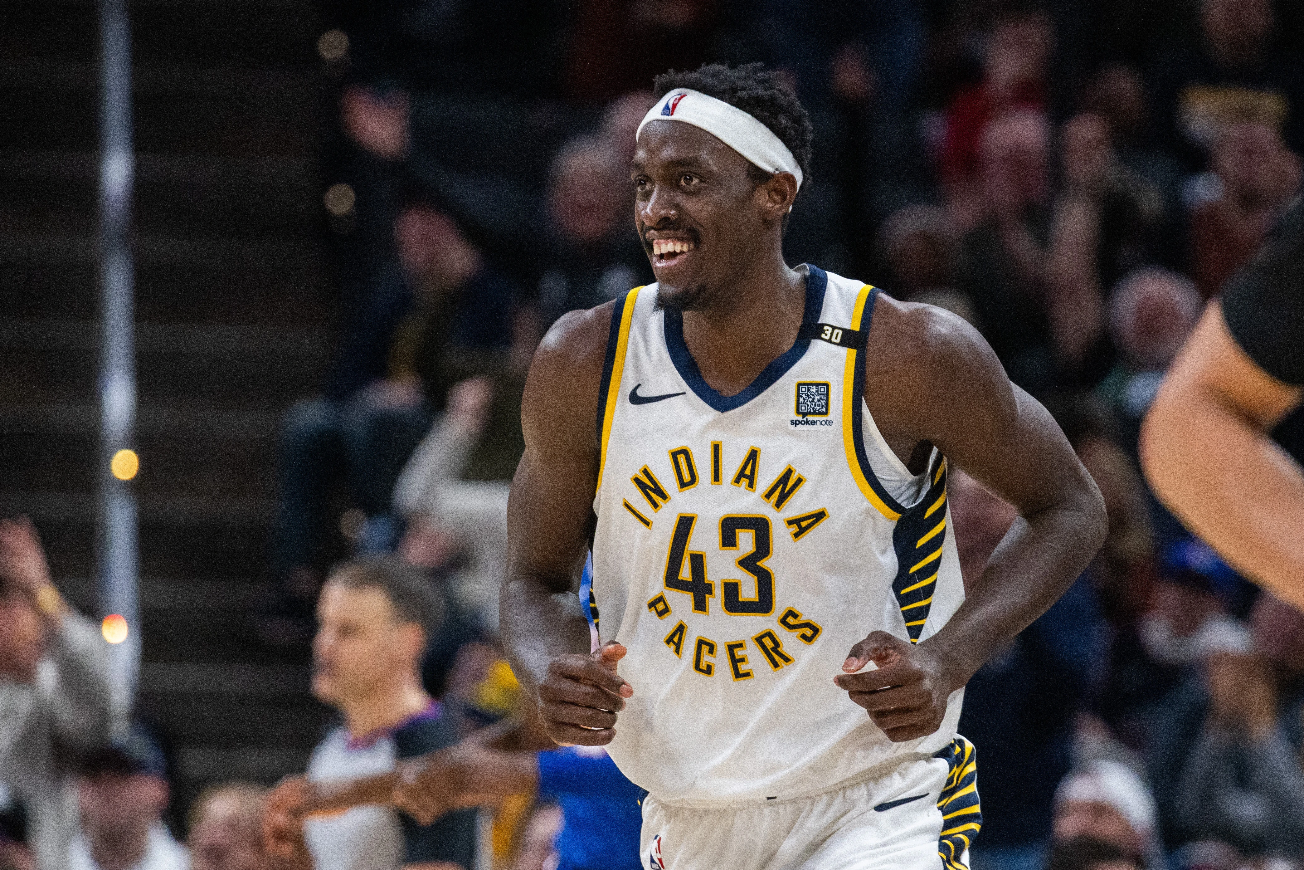 Indiana Pacers forward Pascal Siakam (43) celebrates a made basket in the second half against the Philadelphia 76ers at Gainbridge Fieldhouse.