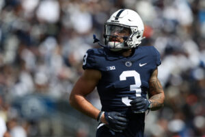 Apr 13, 2024; University Park, PA, USA; Penn State Nittany Lions wide receiver Julian Fleming (3) runs behind the line of scrimmage during the second quarter of the Blue White spring game at Beaver Stadium. The White team defeated the Blue team 27-0.