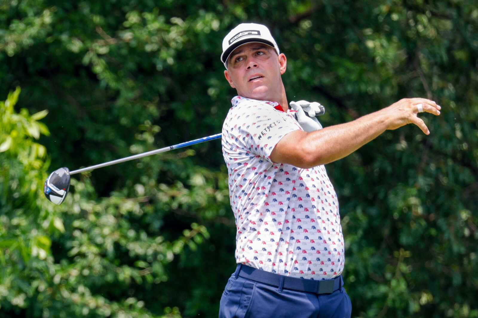 May 25, 2024; Fort Worth, Texas, USA; Gary Woodland hits an errant tee shot on the twelfth hole during the third round of the Charles Schwab Challenge golf tournament.