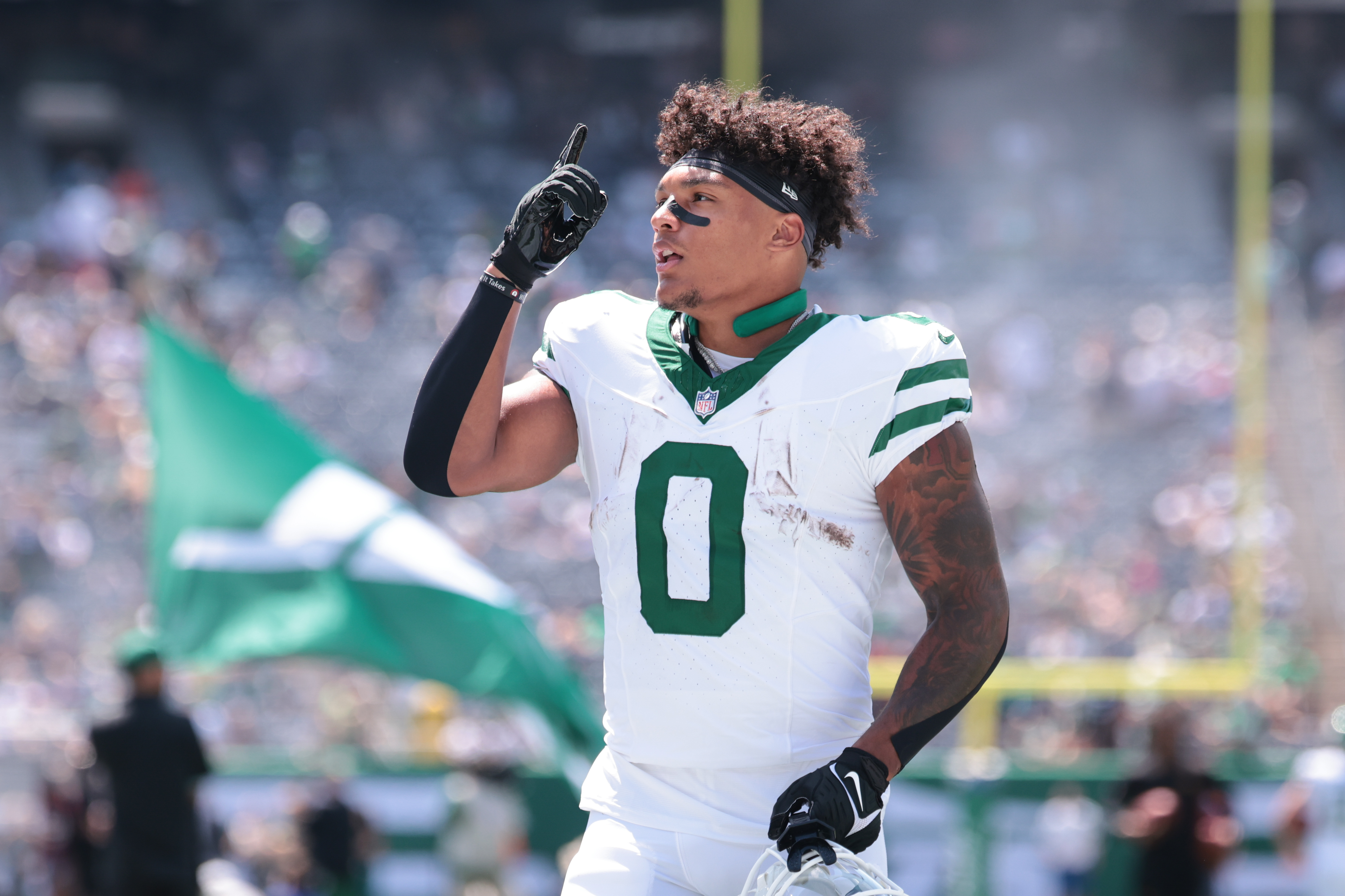 Aug 10, 2024; East Rutherford, New Jersey, USA; New York Jets running back Braelon Allen (0) before the game against the Washington Commanders at MetLife Stadium.