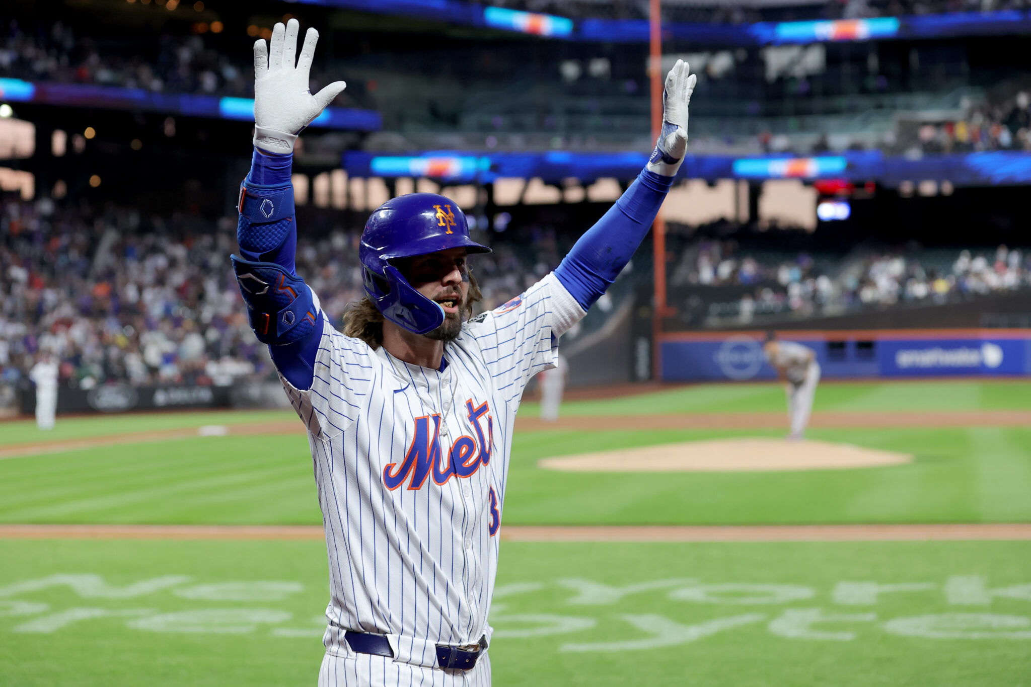 Sep 4, 2024; New York City, New York, USA; New York Mets designated hitter Jesse Winker (3) reacts after hitting a grand slam home run during the first inning against the Boston Red Sox at Citi Field.