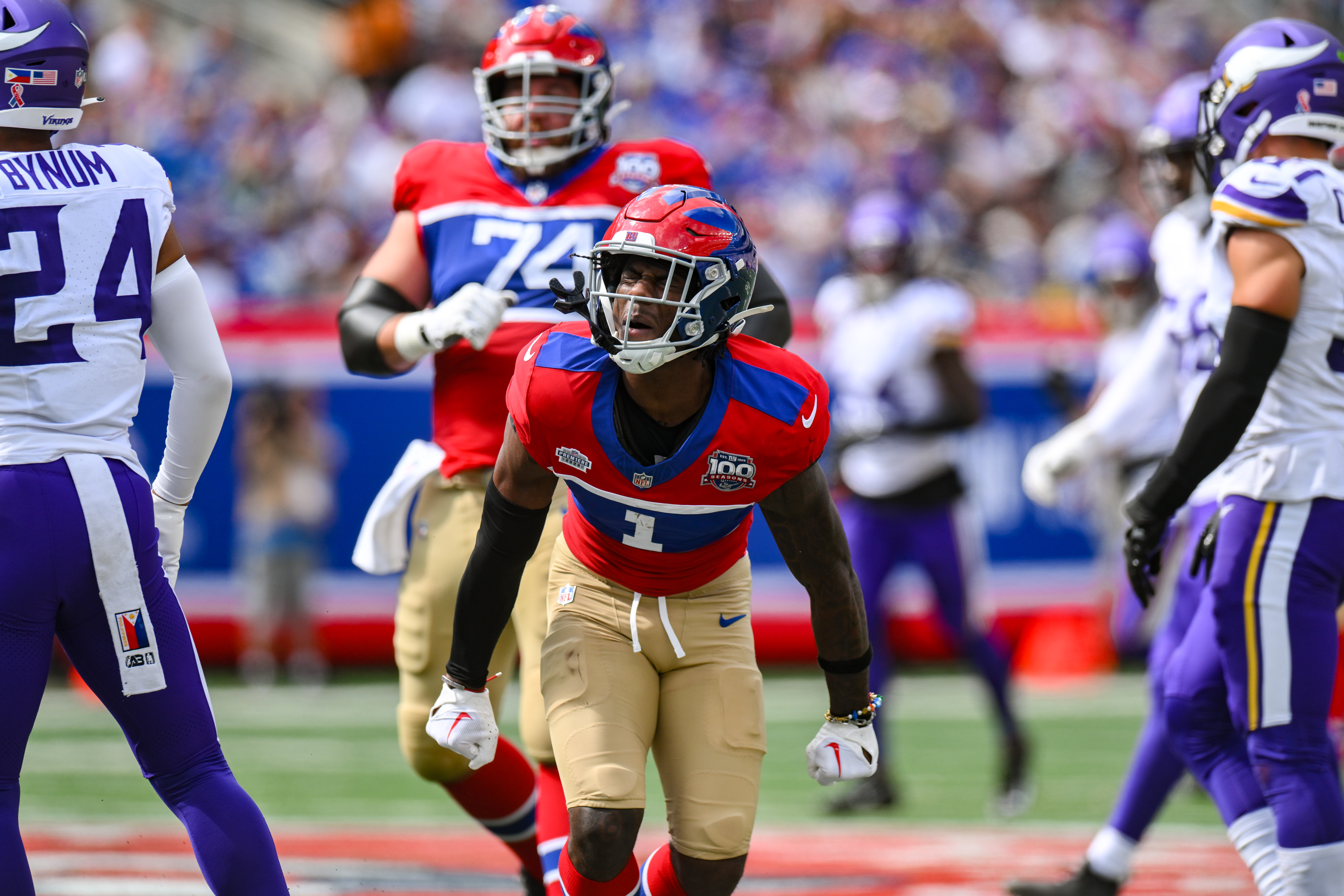 Sep 8, 2024; East Rutherford, New Jersey, USA; New York Giants wide receiver Malik Nabers (1) reacts after making a catch against the Minnesota Vikings during the second half at MetLife Stadium.