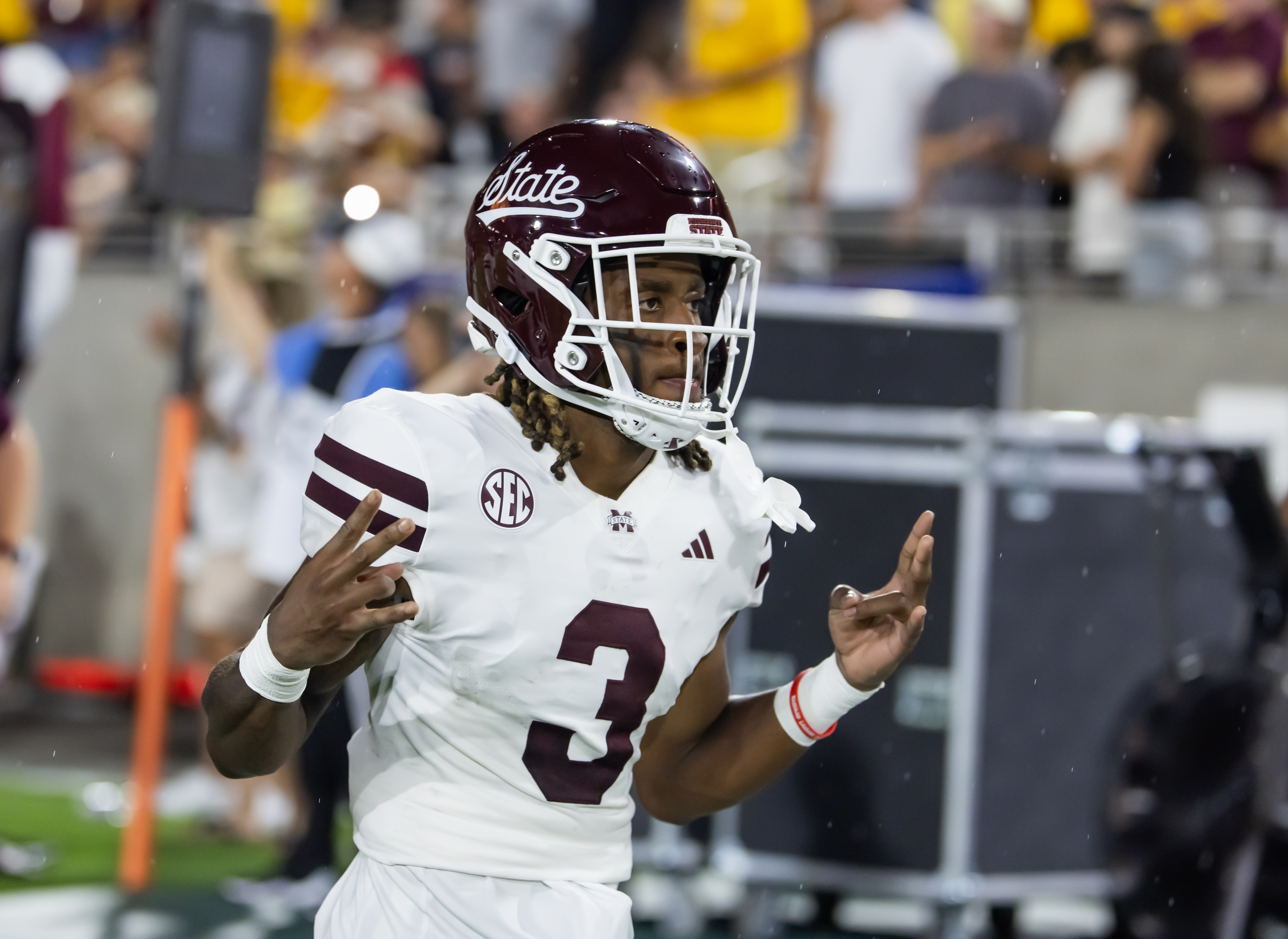 Sep 7, 2024; Tempe, Arizona, USA; Mississippi State Bulldogs wide receiver Kevin Coleman Jr. (3) against the Arizona State Sun Devils at Mountain America Stadium.