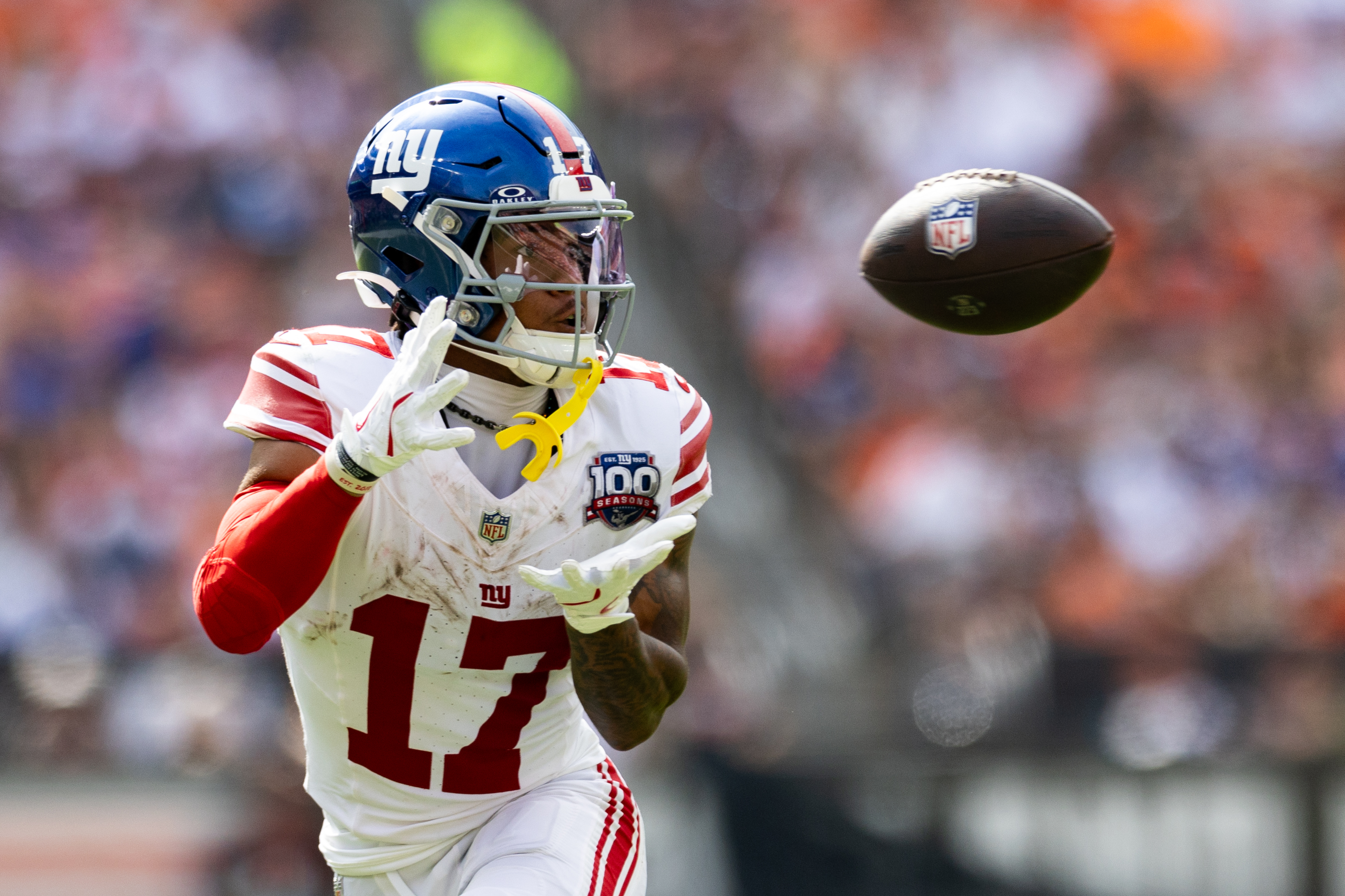 Sep 22, 2024; Cleveland, Ohio, USA; New York Giants wide receiver Wan'Dale Robinson (17) catches a pass during the third quarter against the Cleveland Browns at Huntington Bank Field.