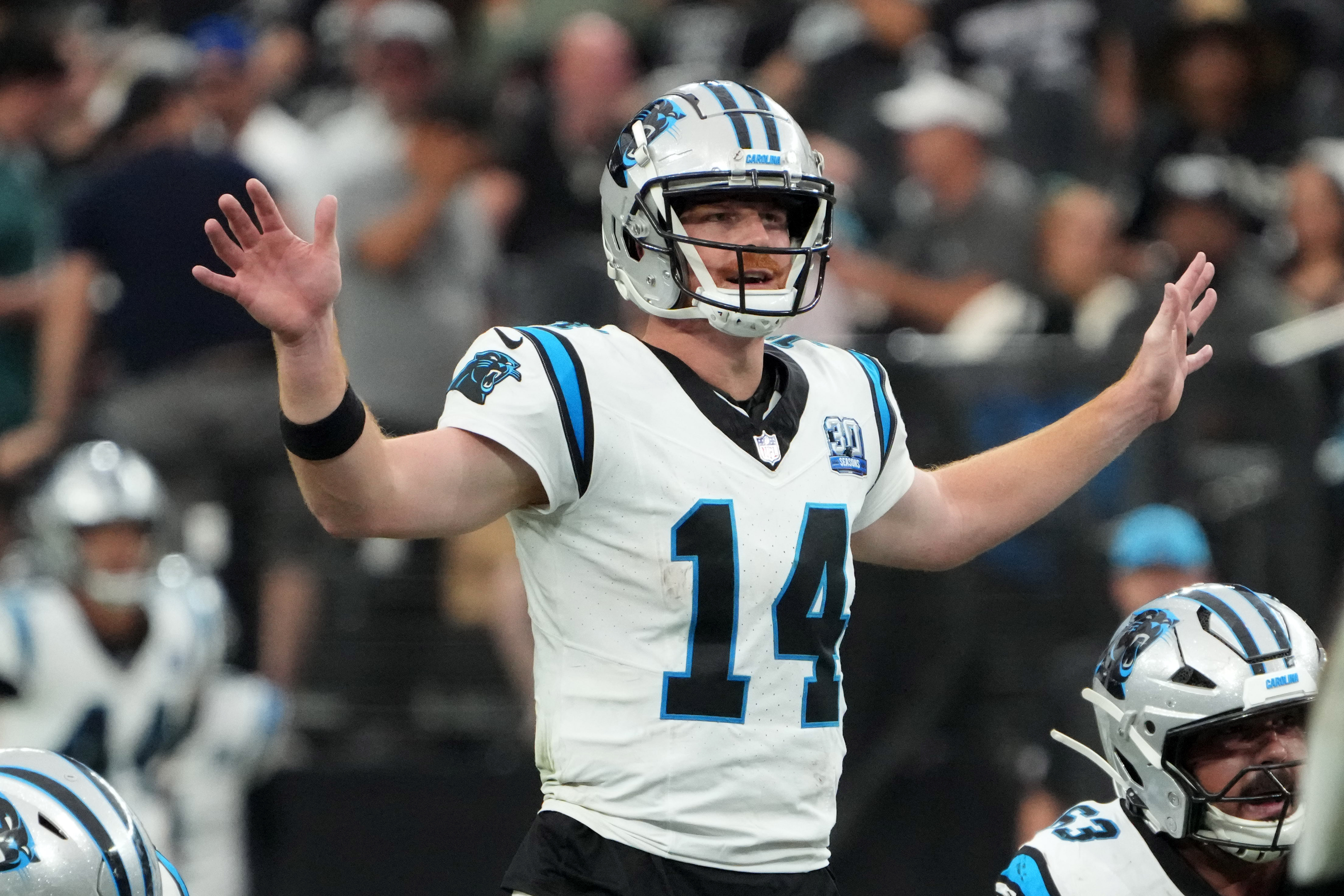 Sep 22, 2024; Paradise, Nevada, USA; Carolina Panthers quarterback Andy Dalton (14) prepares to take the snap against the Las Vegas Raiders in the second half at Allegiant Stadium.