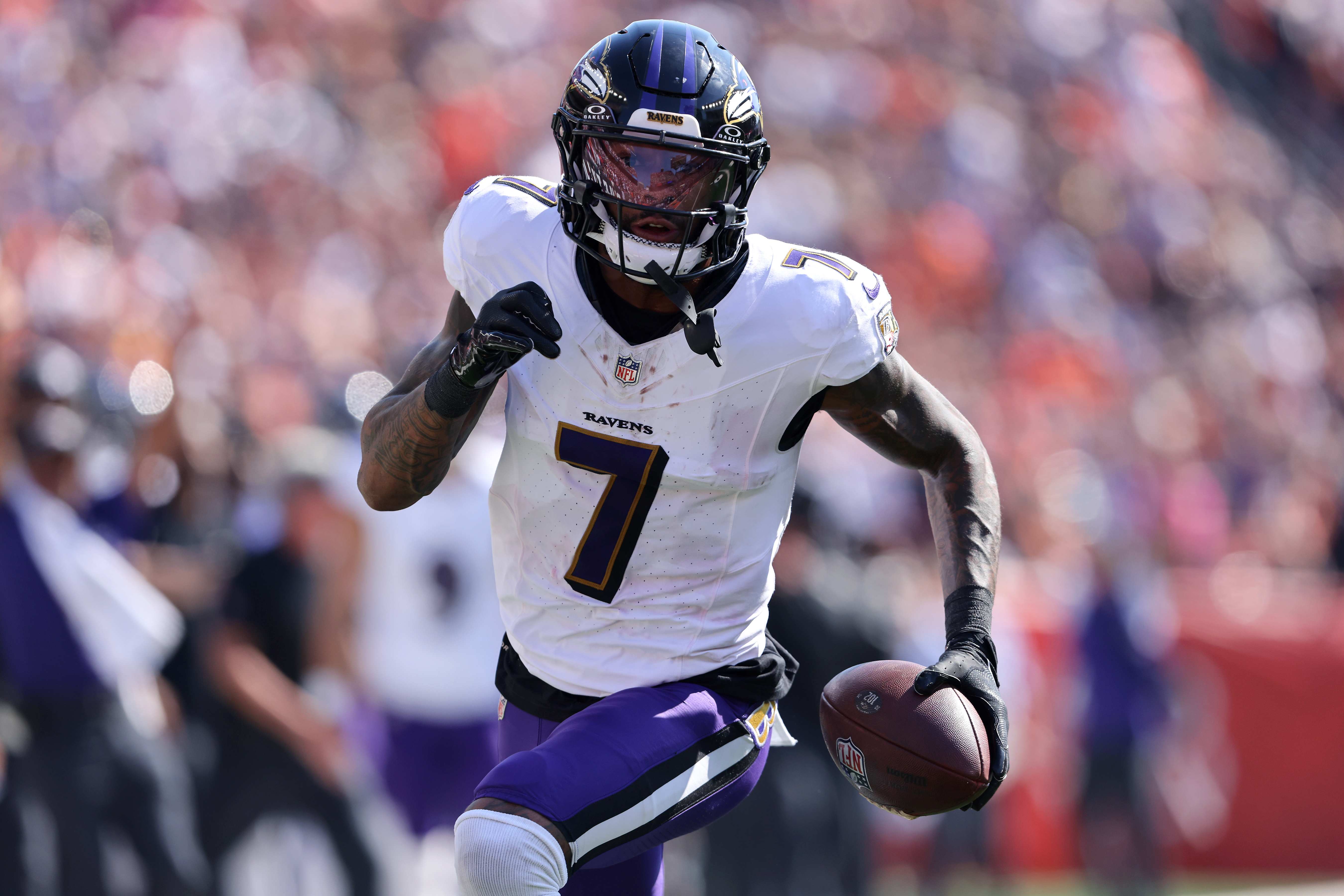 Oct 6, 2024; Cincinnati, Ohio, USA; Baltimore Ravens wide receiver Rashod Bateman (7) scores a touchdown during the second quarter against the Cincinnati Bengals at Paycor Stadium.