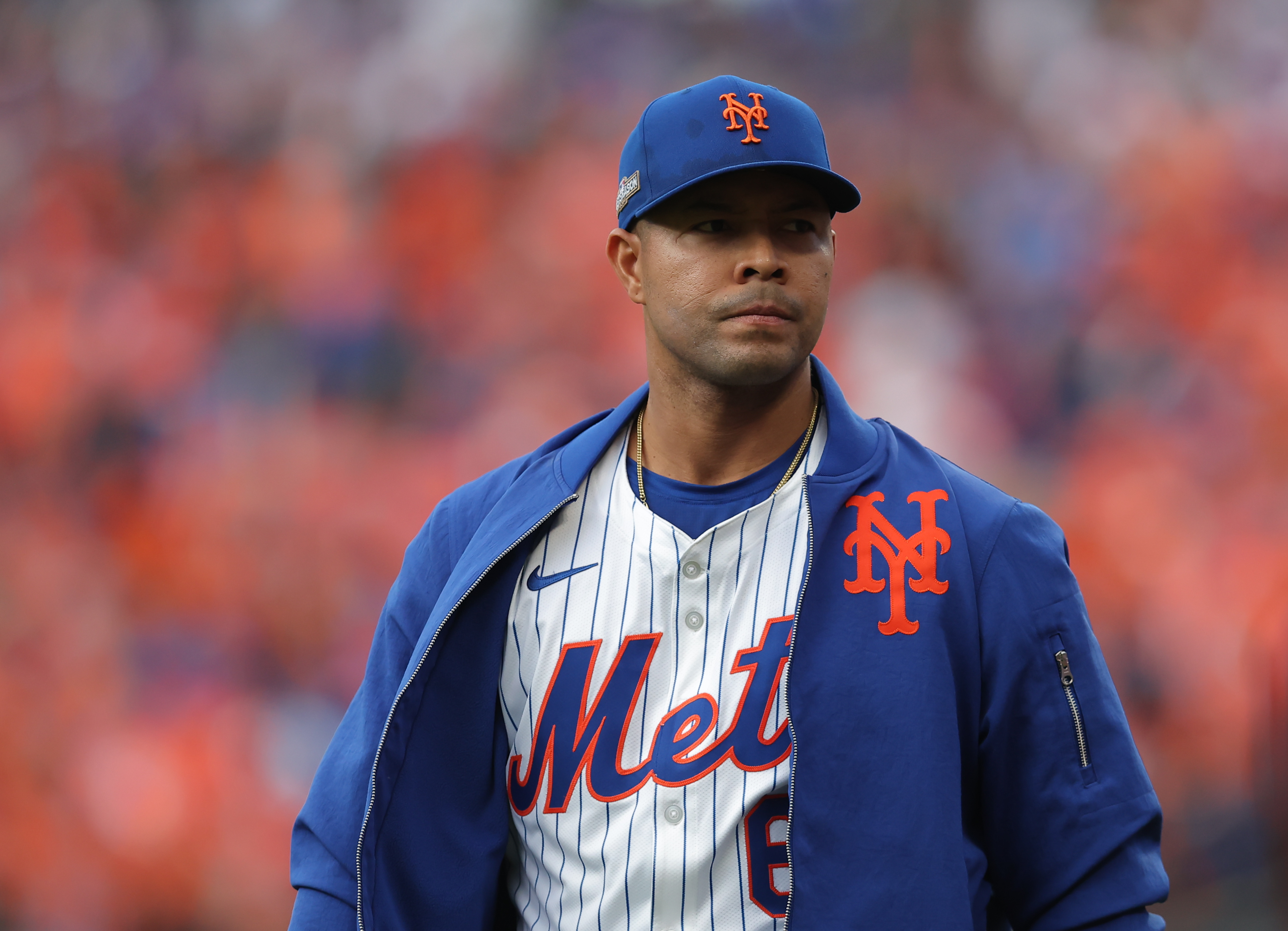 Oct 9, 2024; New York, New York, USA; New York Mets pitcher Jose Quintana (62) walks in from the bullpen before playing against the Philadelphia Phillies in game four of the NLDS for the 2024 MLB Playoffs at Citi Field.