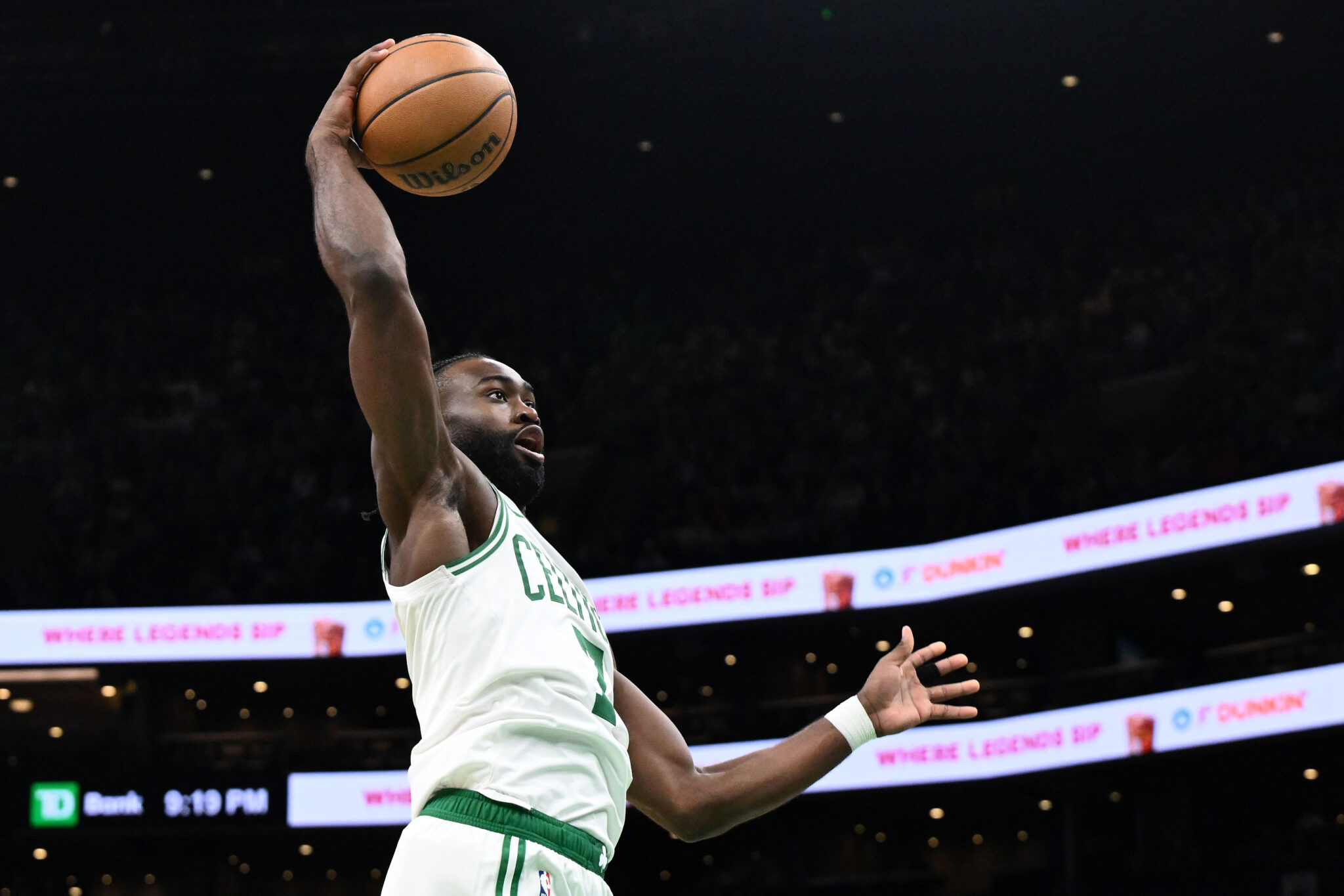 Oct 12, 2024; Boston, Massachusetts, USA; Boston Celtics guard Jaylen Brown (7) drives to the basket against the Philadelphia 76ers during the second half at the TD Garden.