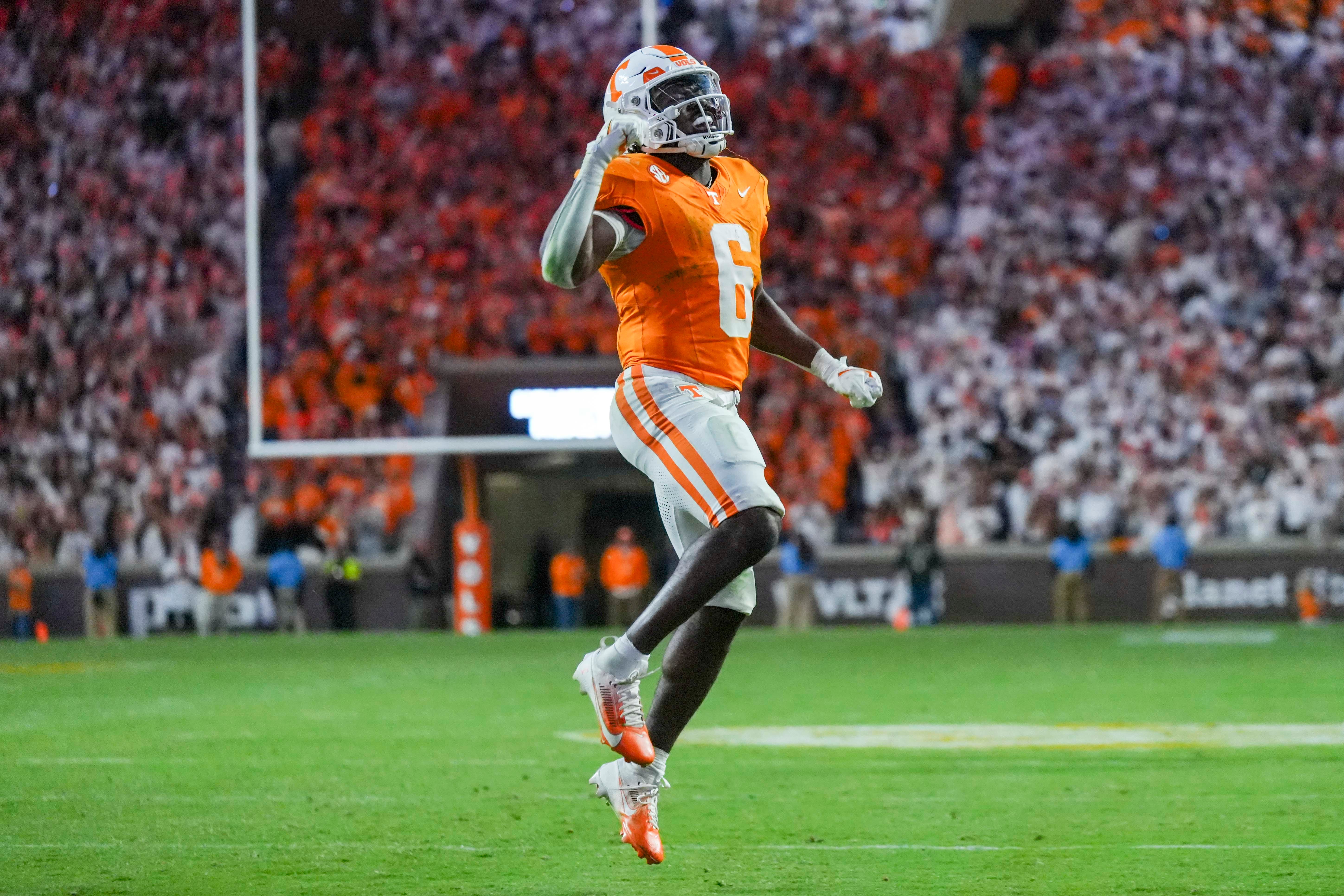 Tennessee running back Dylan Sampson (6) celebrates after making a touchdown during a NCAA football game between Tennessee and Florida in Neyland Stadium, in Knoxville, Tenn., Oct. 12, 2024.