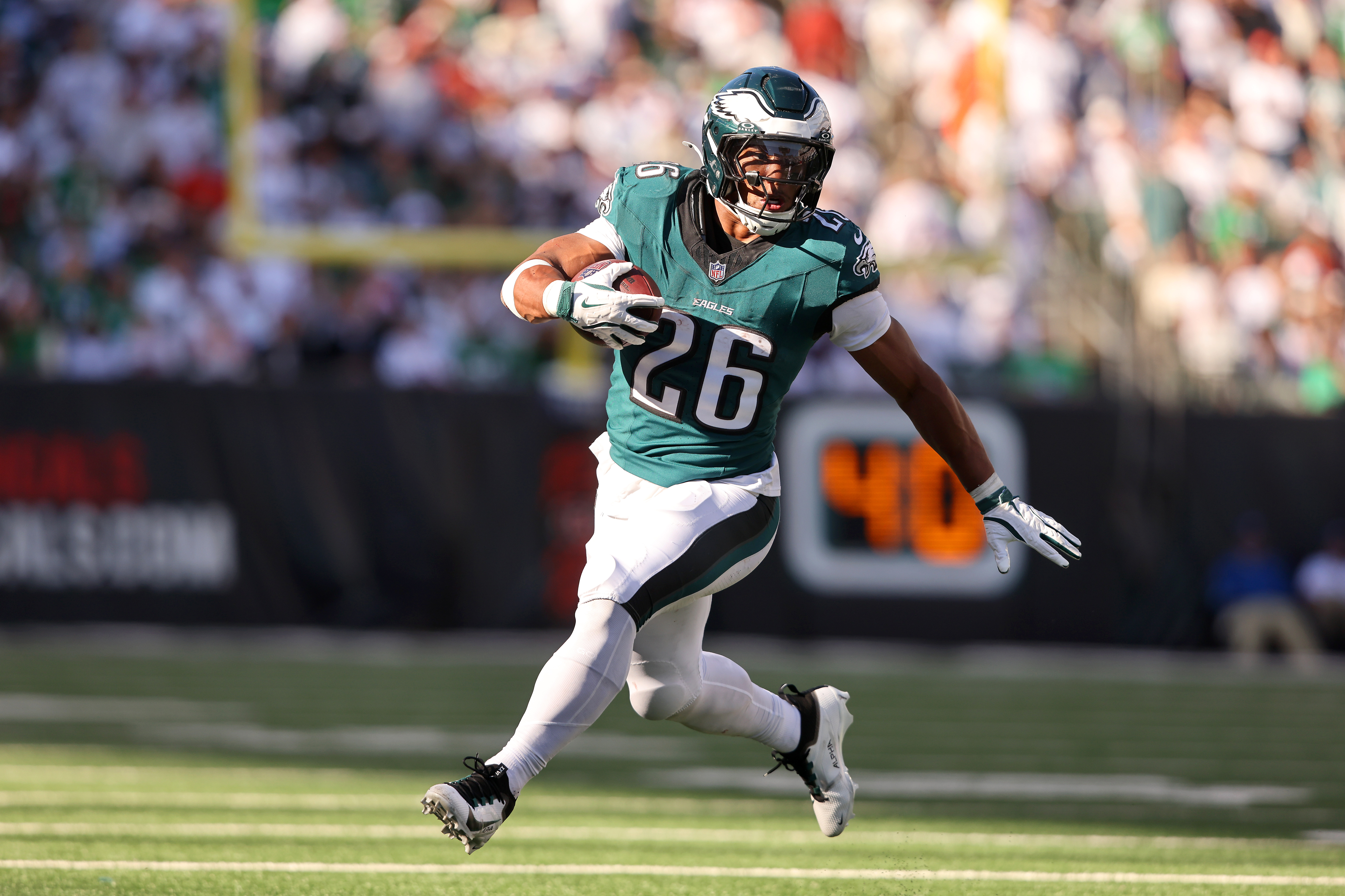 Oct 27, 2024; Cincinnati, Ohio, USA; Philadelphia Eagles running back Saquon Barkley (26) runs the ball as during the third quarter against the Cincinnati Bengals at Paycor Stadium.