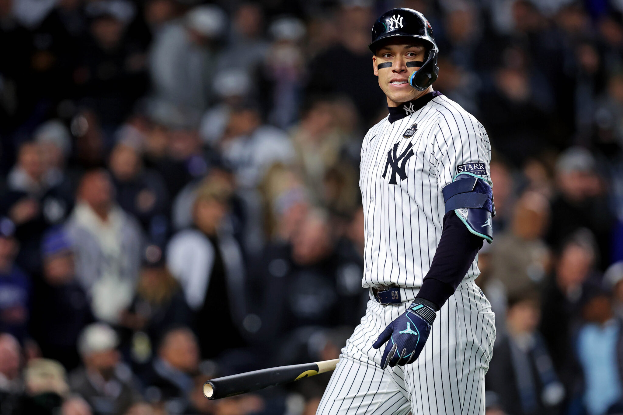 Oct 28, 2024; New York, New York, USA; New York Yankees outfielder Aaron Judge (99) reacts after striking out during the first inning against the Los Angeles Dodgers in game three of the 2024 MLB World Series at Yankee Stadium.