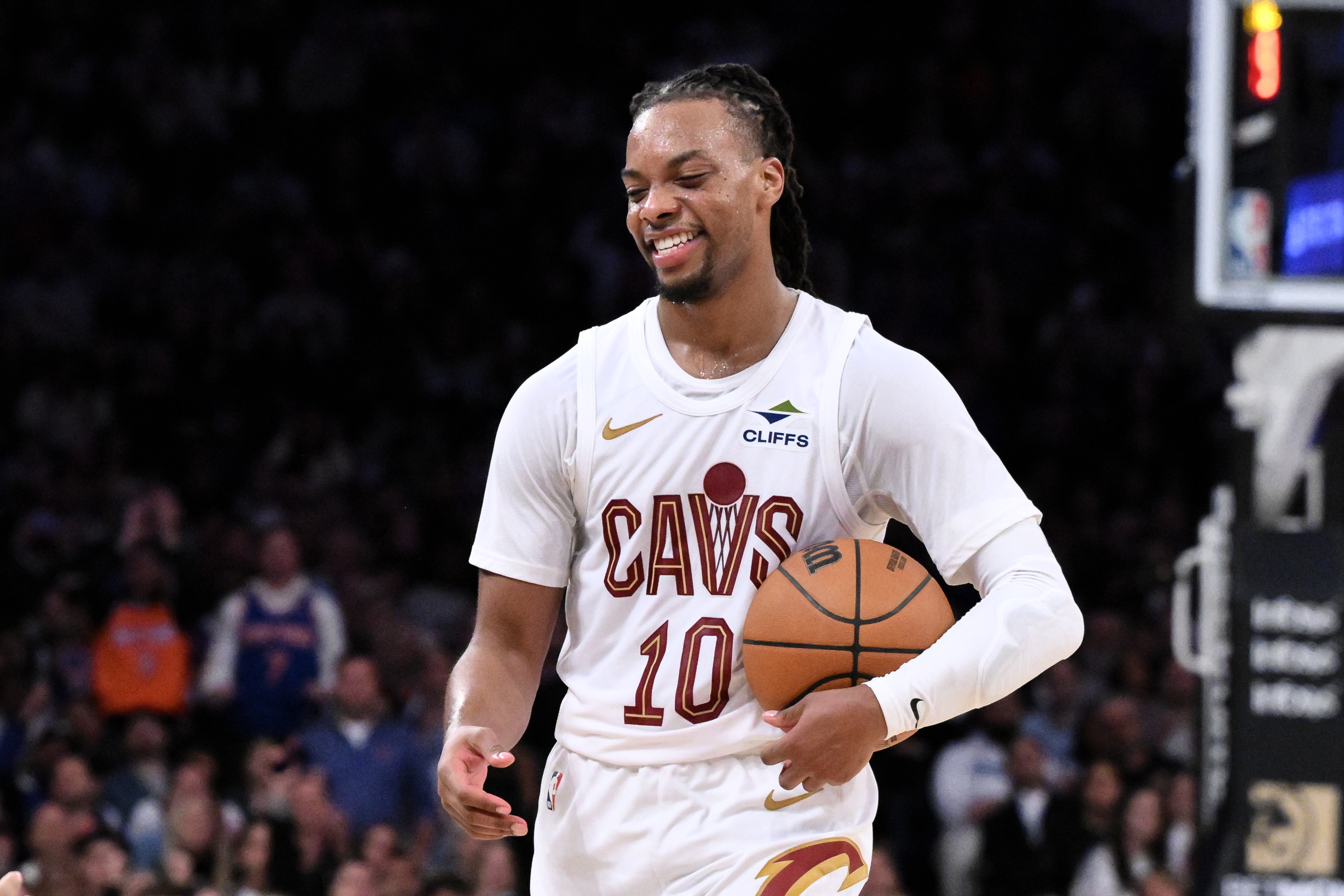 Oct 28, 2024; New York, New York, USA; Cleveland Cavaliers guard Darius Garland (10) reacts during the second half against the New York Knicks at Madison Square Garden.