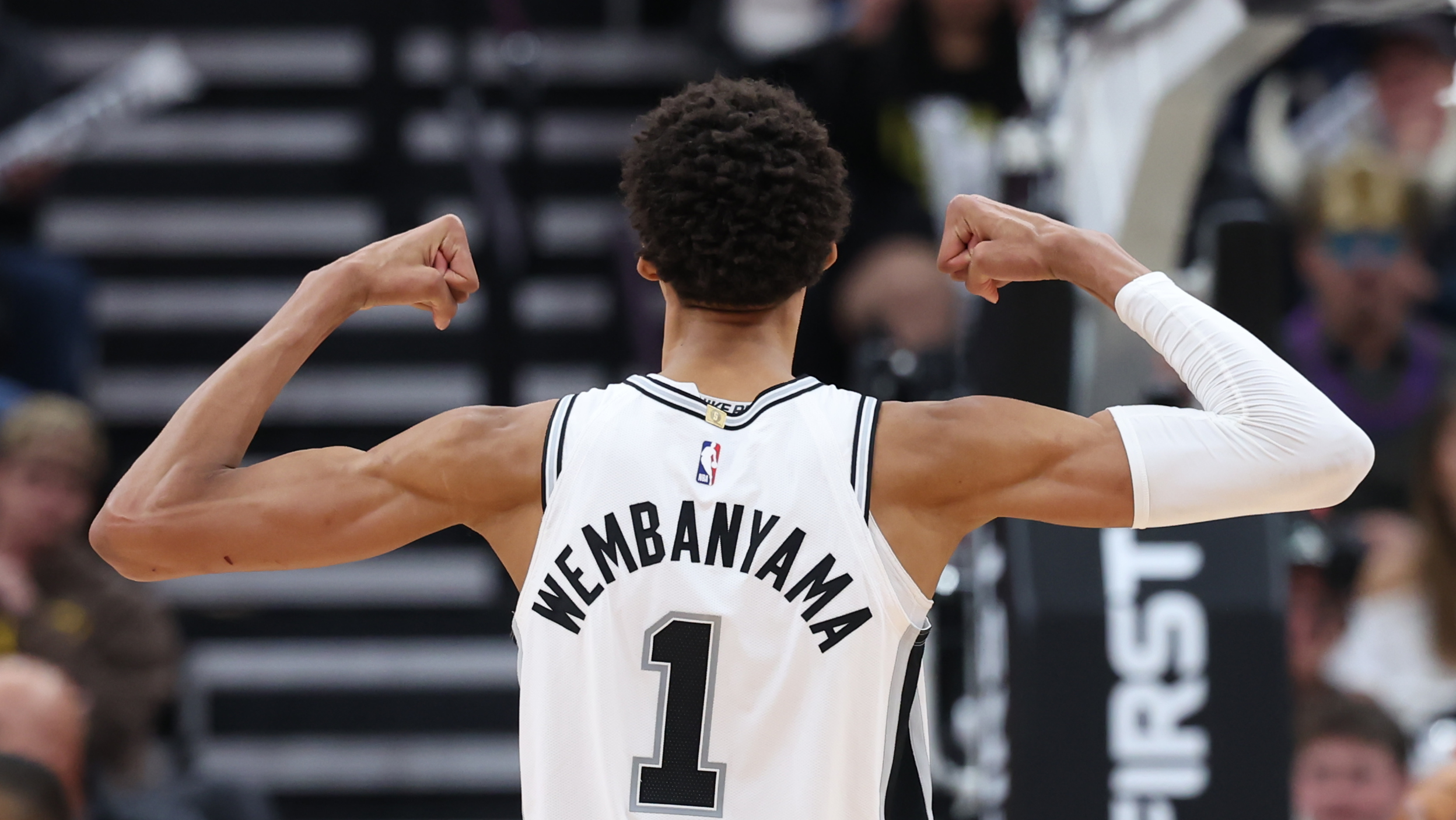 Oct 31, 2024; Salt Lake City, Utah, USA; San Antonio Spurs center Victor Wembanyama (1) reacts to a play against the Utah Jazz during the third quarter at Delta Center.