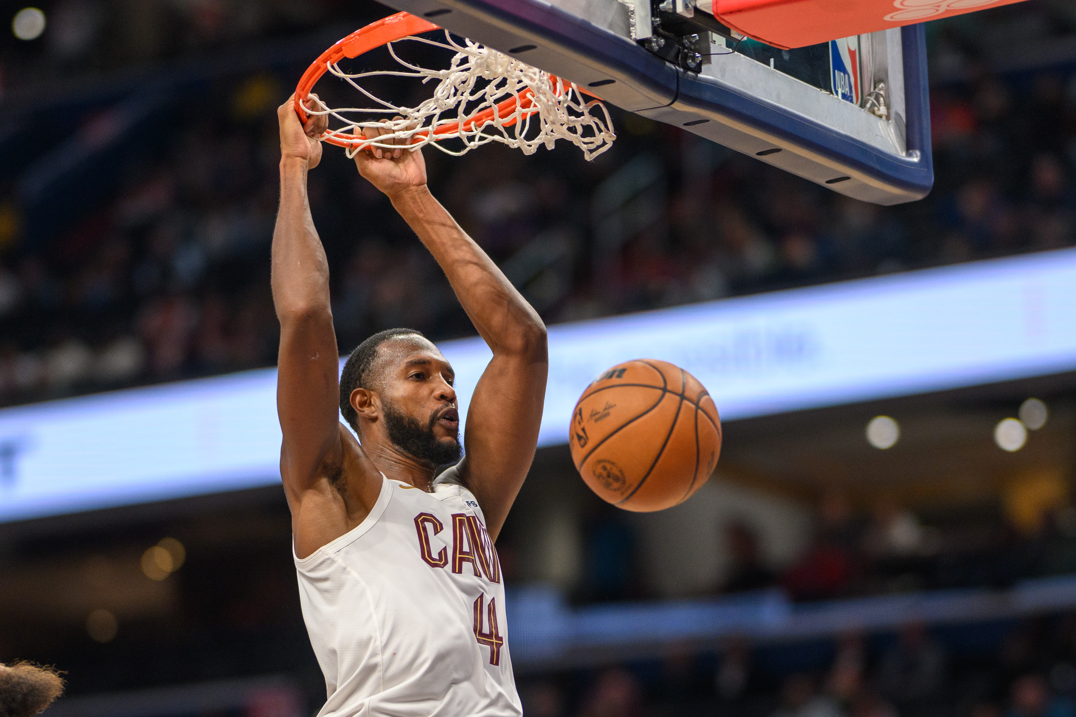 Oct 26, 2024; Washington, District of Columbia, USA; Cleveland Cavaliers forward Evan Mobley (4) dunks the ball during the third quarter against the Washington Wizards at Capital One Arena.