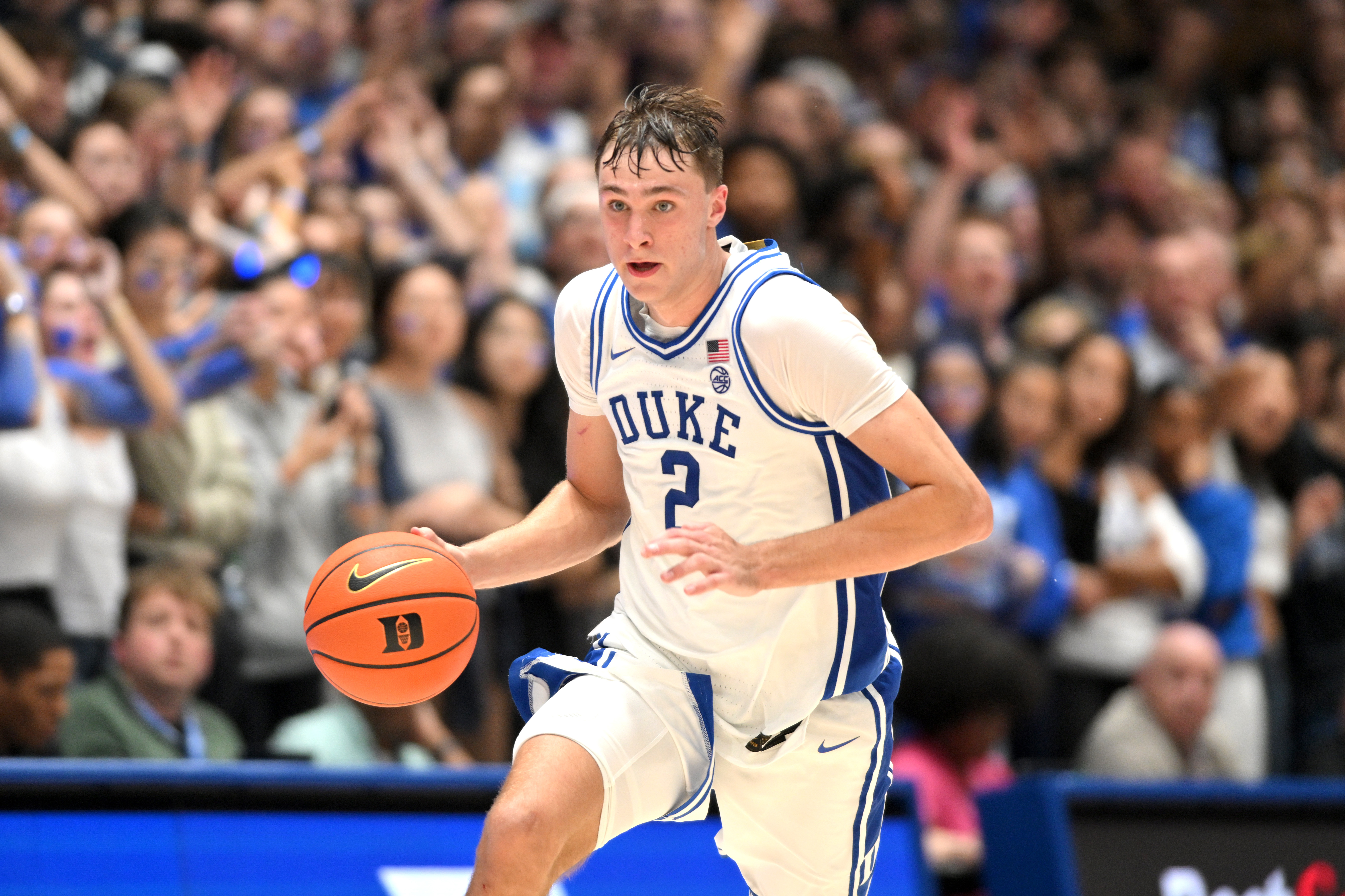 Nov 4, 2024; Durham, North Carolina, USA; Duke Blue Devils guard Cooper Flagg (2) brings the ball down court against the Maine Black Bears at Cameron Indoor Stadium during the second half.