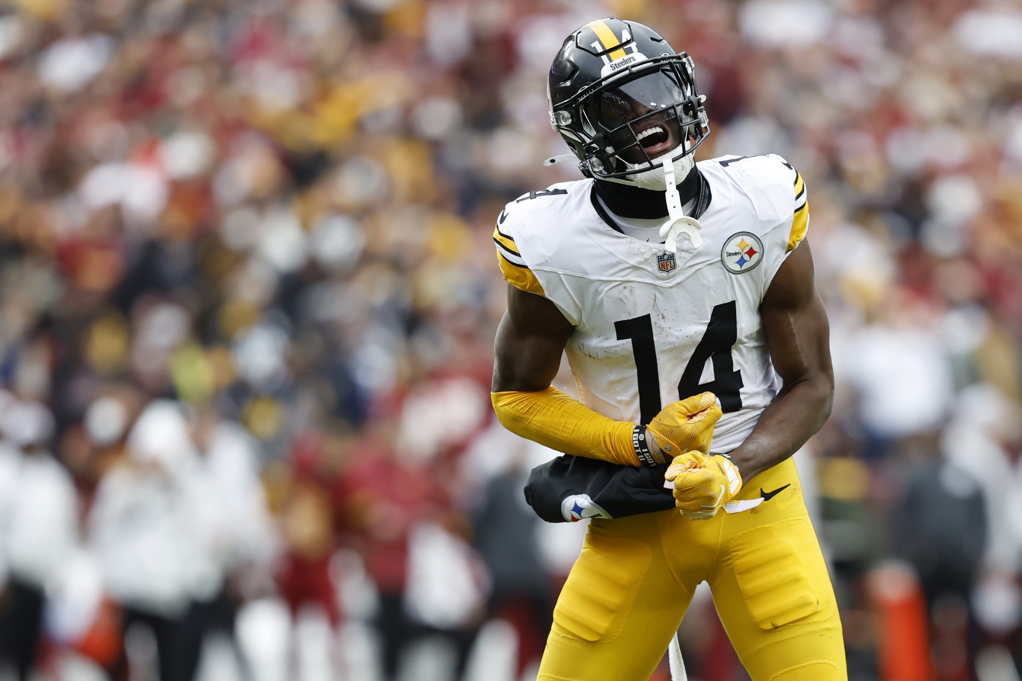 Nov 10, 2024; Landover, Maryland, USA; Pittsburgh Steelers wide receiver George Pickens (14) celebrates after making a catch against the Washington Commanders during the second half at Northwest Stadium.