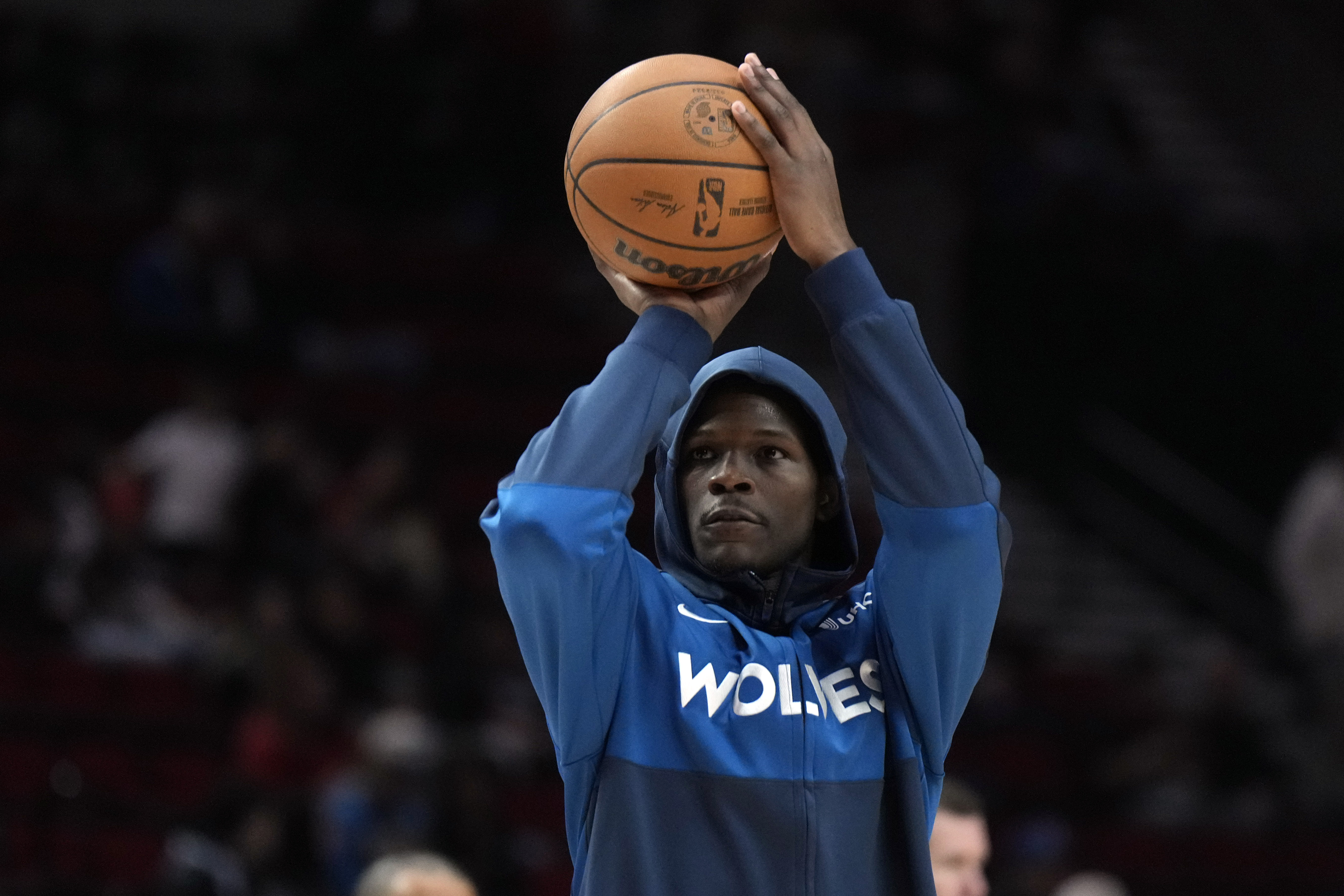 Nov 13, 2024; Portland, Oregon, USA; Minnesota Timberwolves shooting guard Anthony Edwards (5) warms up before the game against the Portland Trail Blazers at Moda Center.