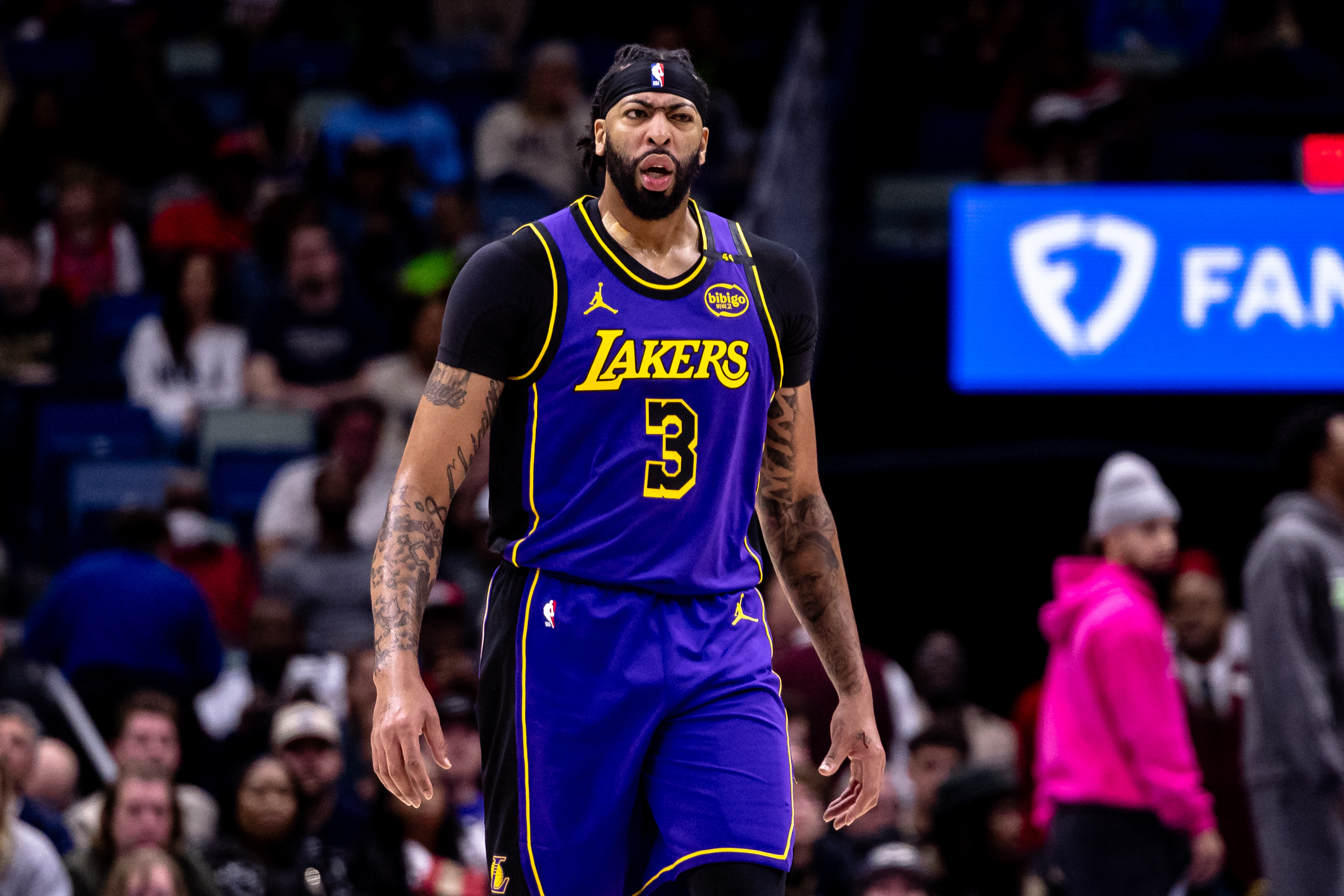 Nov 16, 2024; New Orleans, Louisiana, USA; Los Angeles Lakers forward Anthony Davis (3) reacts to a play against the New Orleans Pelicans during the first half at Smoothie King Center.