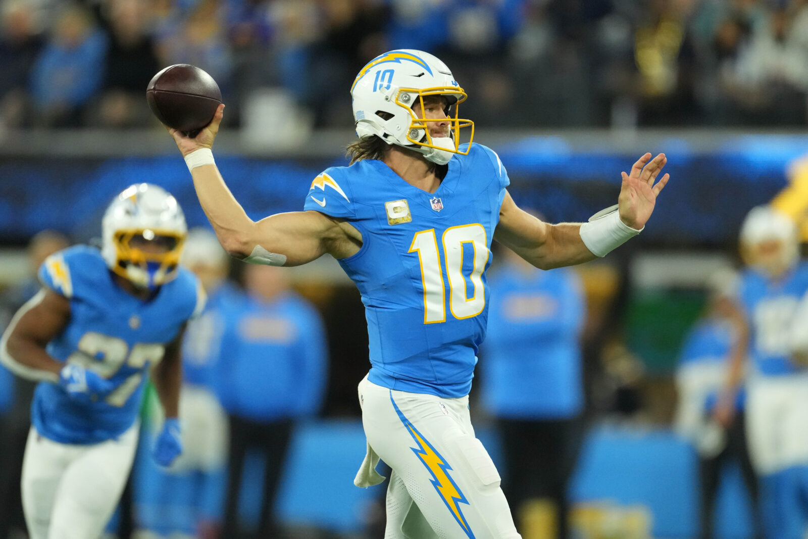 Nov 17, 2024; Inglewood, California, USA; Los Angeles Chargers quarterback Justin Herbert (10) throws the ball against the Cincinnati Bengals in the first half at SoFi Stadium.