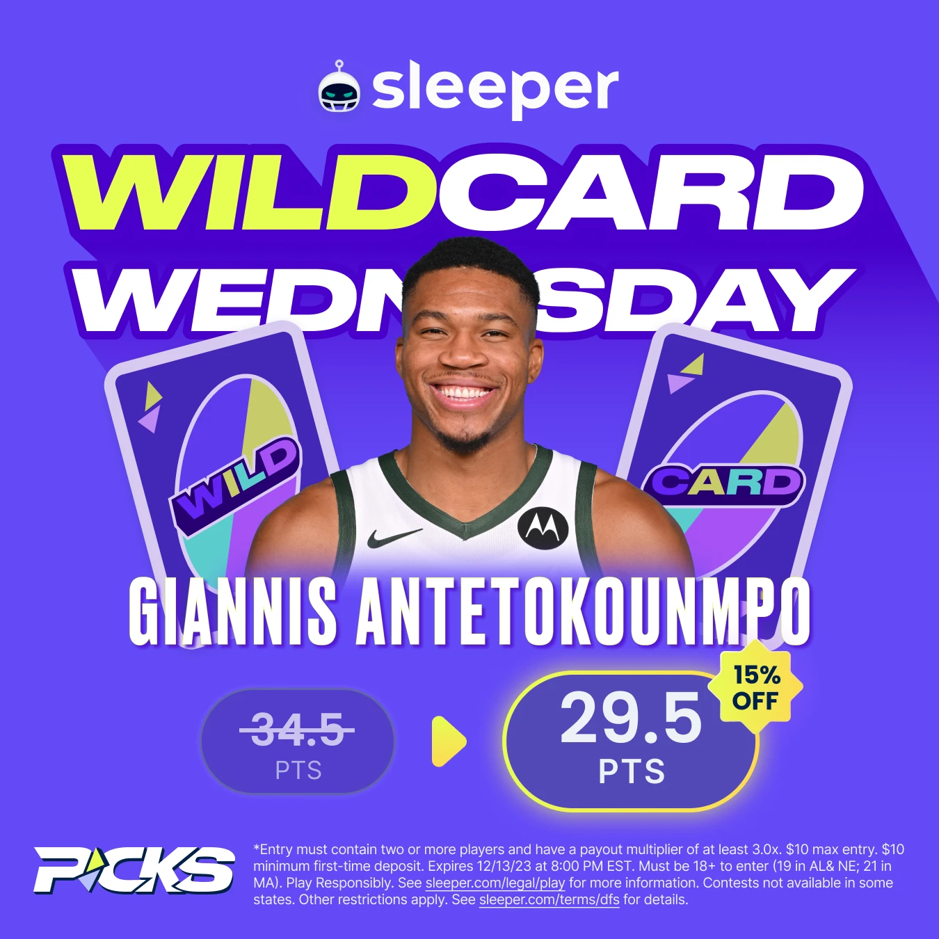 Sleeper Fantasy nba player prop discount on Wednesday, Dec. 13 Giannis Antetokounmpo 34.5 points to 29.5 points. 